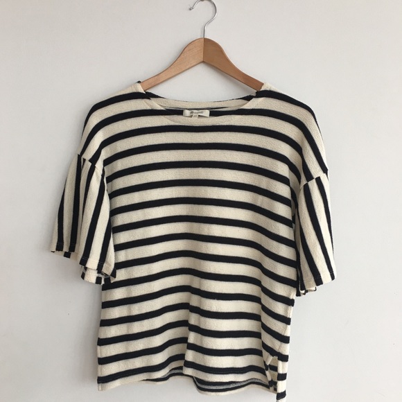 Madewell Sweaters - Madewell: Black/Cream Striped Bell Short Sleeve